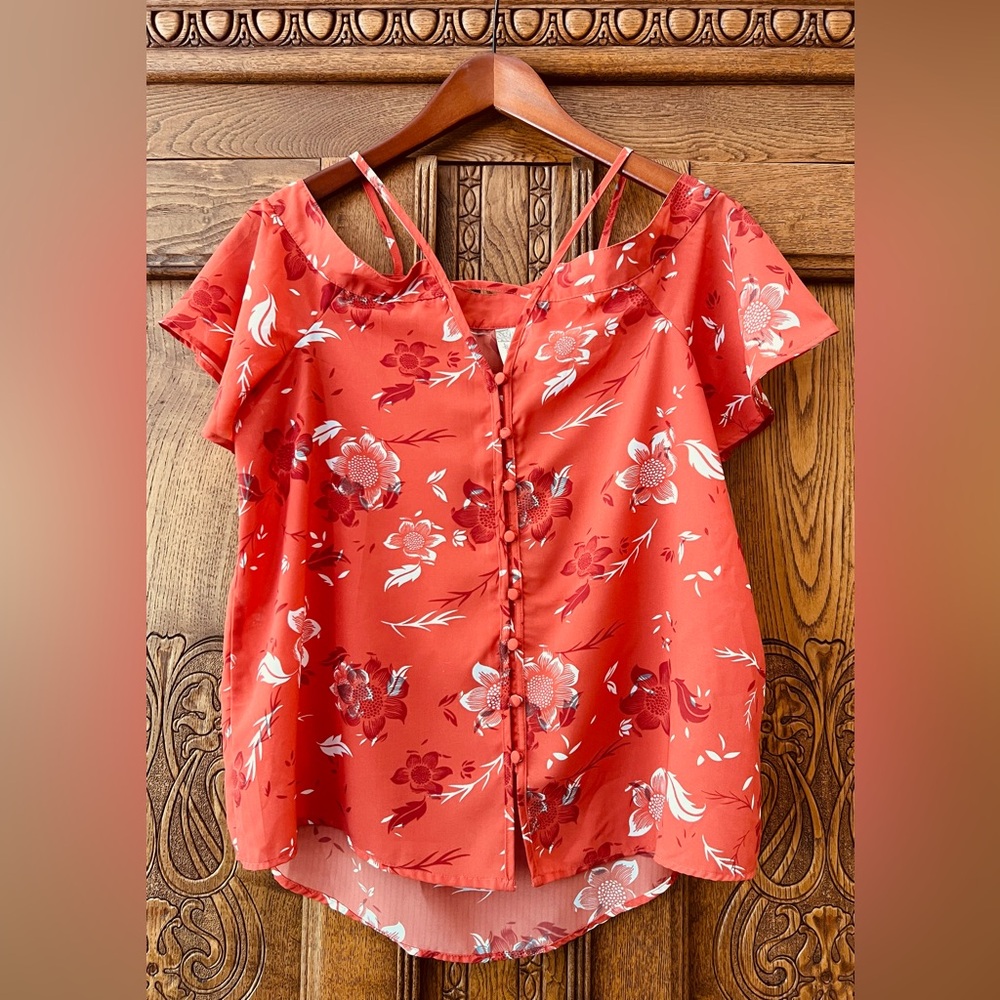 Japna off the shoulder flutter sleeve flowy sheer blouse size M burnt orange